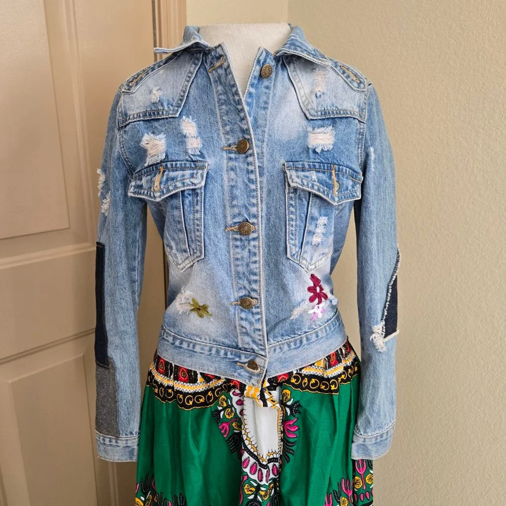Custom made One Fine Day Boutique Blue Jean Jacket with Green Horse Embroidery S